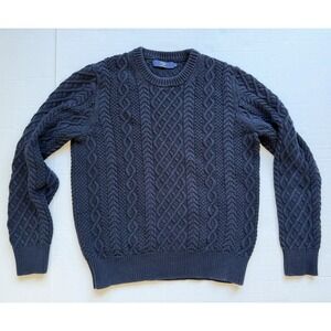 J Crew Navy Cotton Cable Knit Sweater L Crewneck Fisherman Chunky Coastal Navy